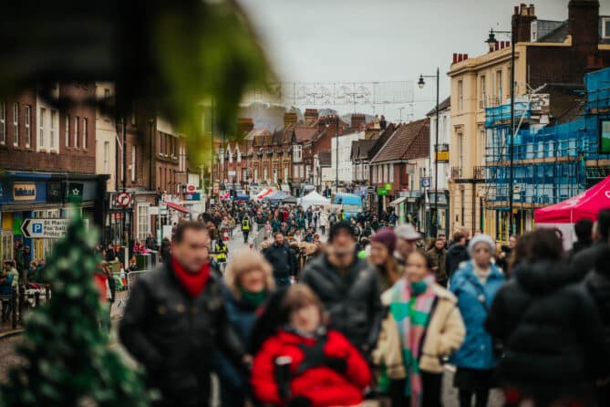 Dorking Christmas Festival with festive lights and decorations