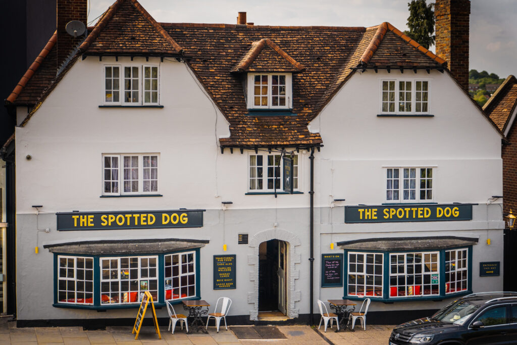 The Spotted Dog pub in Dorking with garden views of Ranmore
