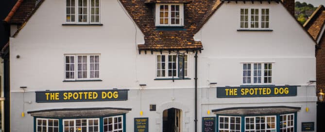 The Spotted Dog pub in Dorking with garden views of Ranmore