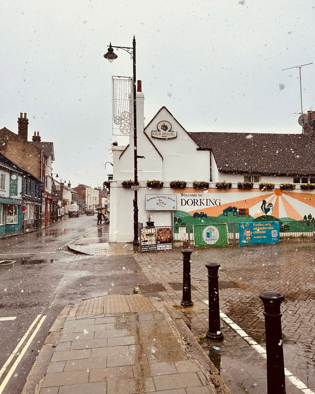 Dorking town centre with festive decorations and community activities