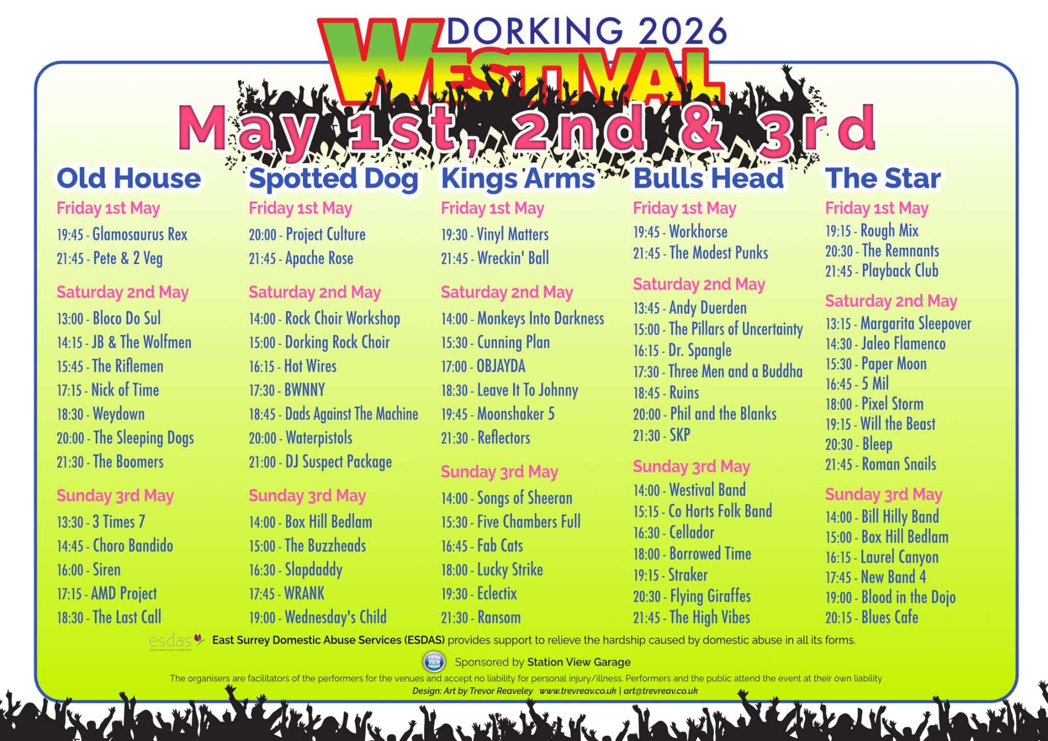 Westival 2026 music festival lineup poster showing all bands and venues across three days