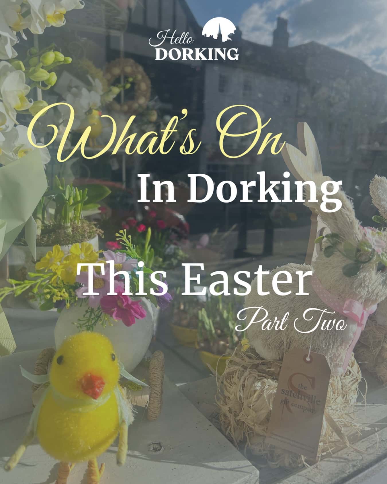 Easter window display in Dorking shop with yellow chick decoration and spring flowers