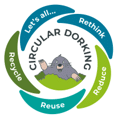 Circular Dorking logo featuring a mole and recycling arrows with the text Let's all Rethink, Reduce, Reuse, Recycle for the Hello Dorking community.