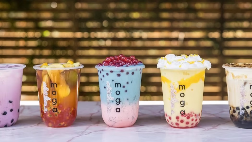 Colourful plant-based drinks and bubble tea at a market in Dorking, Surrey