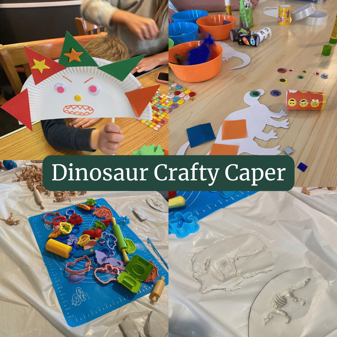 Dinosaur-themed craft activity for children at an event in Dorking, Surrey