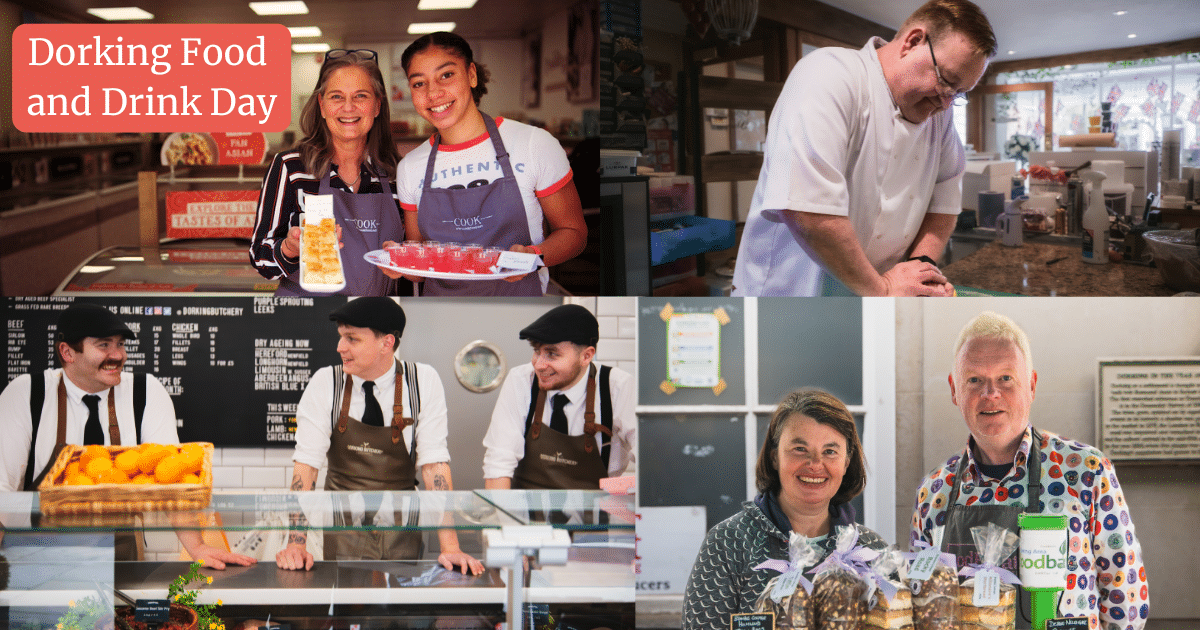 Food and drink market stalls in Dorking, Surrey, showcasing local produce