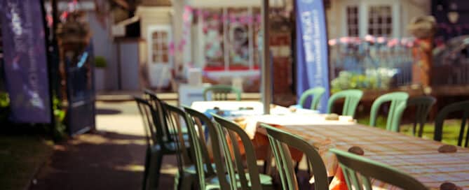 Outdoor tables set up in Dorking town centre for Vintage Day and Surrey Day celebrations
