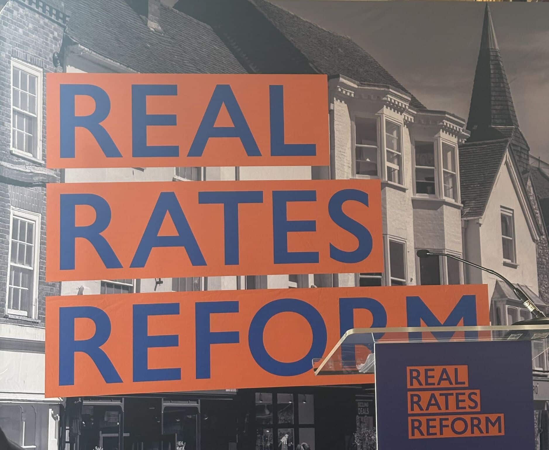 Real Rates Reform campaign display promoting business rates reform for town centres.