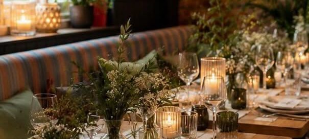 Dining table prepared for the Burnt Butters Supper Club in Dorking, Surrey.