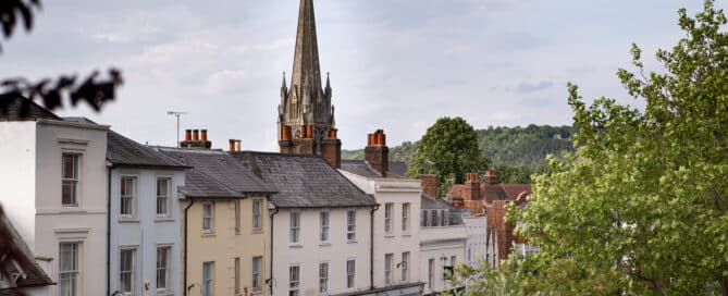 Dorking town centre and church spire in Surrey