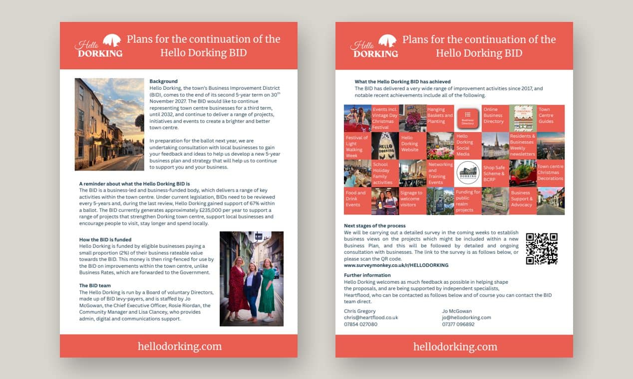 Hello Dorking BID continuation plans for Dorking town centre businesses in Surrey