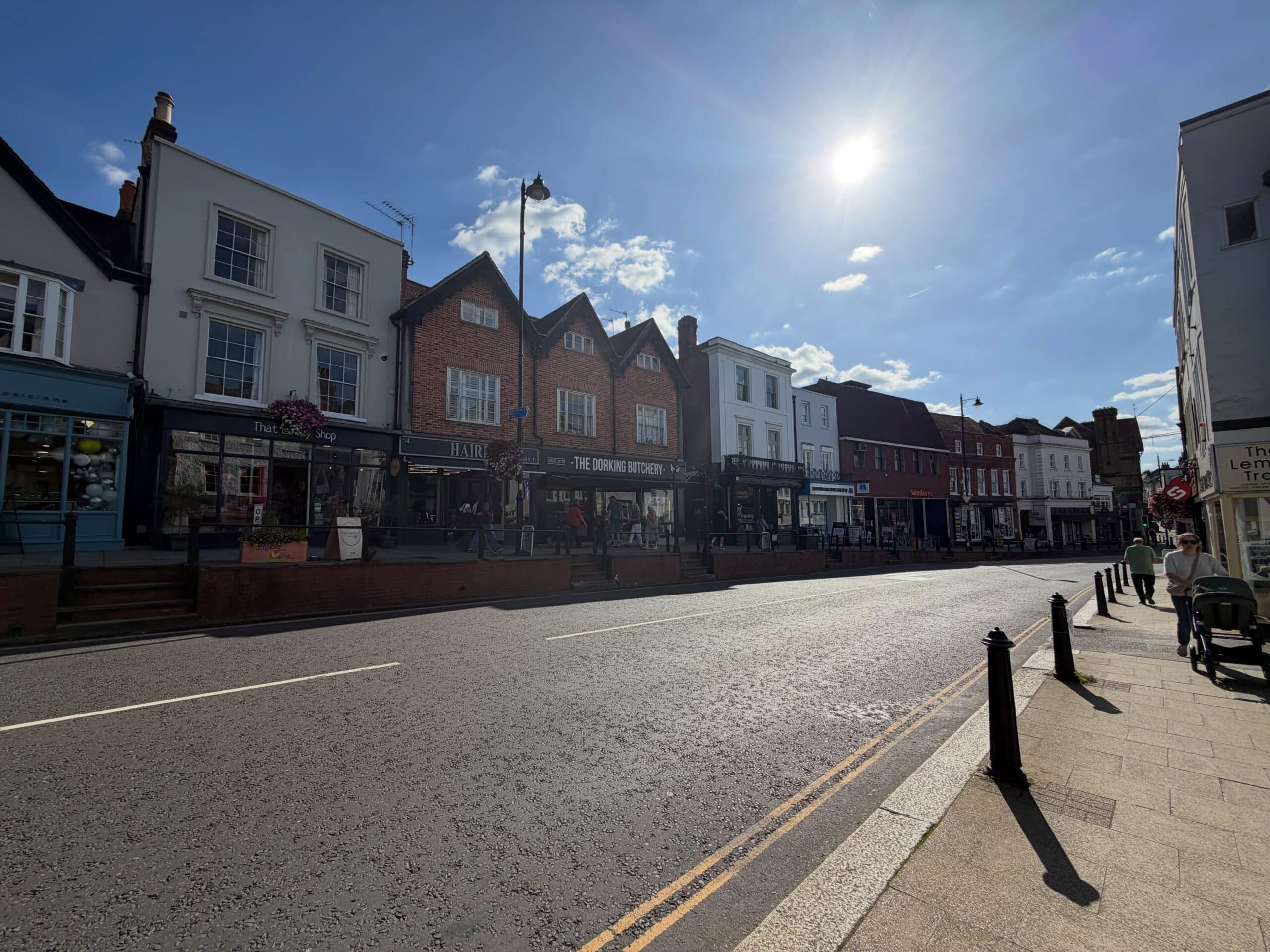 Dorking High Street in Surrey on a sunny day
